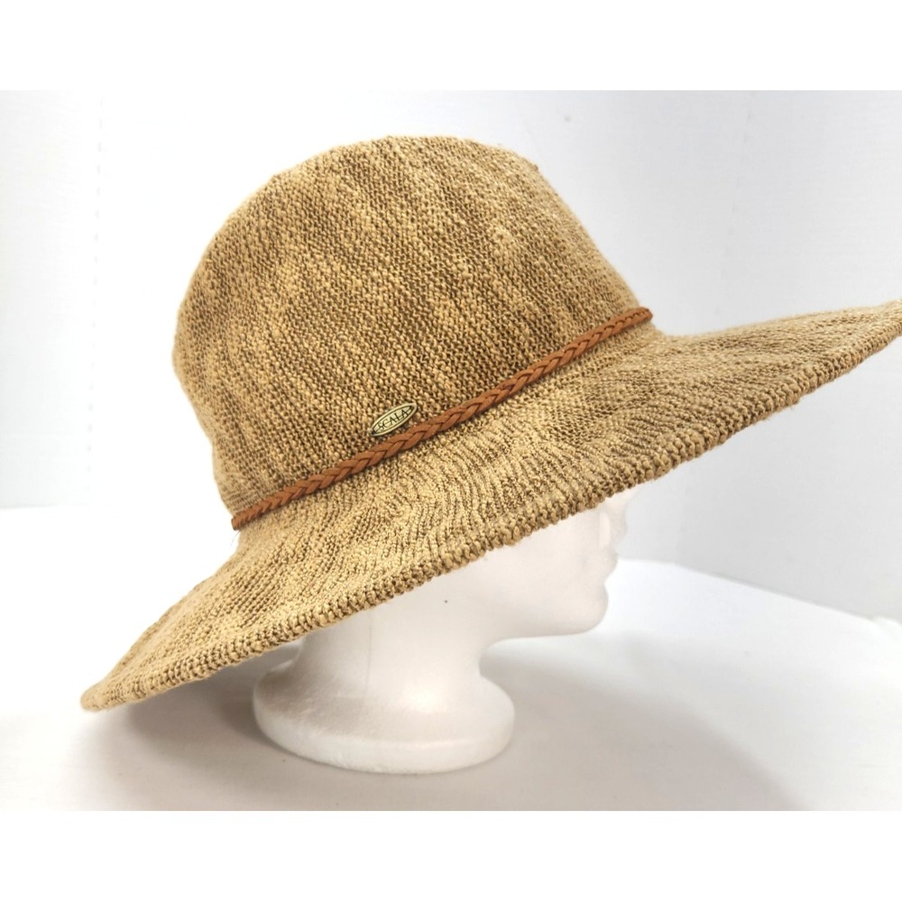 Scala Textured Knit Sun Hat w Braided Leather Hat Band